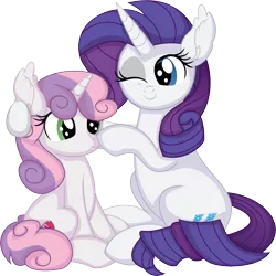 Size: 7701x7713 | Tagged: safe, artist:cyanlightning, derpibooru import, rarity, sweetie belle, pony, unicorn, .svg available, absurd resolution, boop, cute, duo, duo female, female, filly, foal, image, mare, one eye closed, png, siblings, simple background, sisters, sitting, transparent background, vector, wink