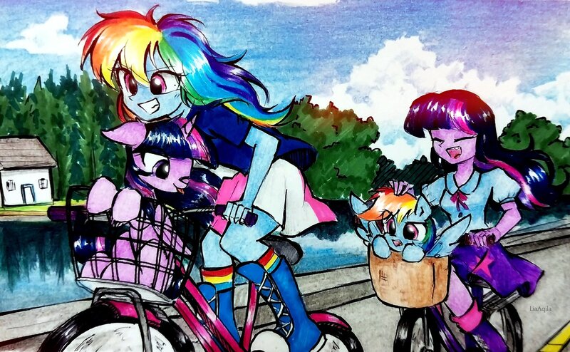 Size: 2048x1264 | Tagged: safe, artist:liaaqila, derpibooru import, rainbow dash, twilight sparkle, twilight sparkle (alicorn), alicorn, human, pony, equestria girls, basket, bicycle, canada, exercise, eyes closed, female, human ponidox, image, jpeg, lesbian, one eye closed, ottawa, petting, road, self paradox, self ponidox, shipping, smiling, tongue out, twidash, water, wink