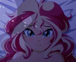 Size: 1057x865 | Tagged: safe, artist:rosemile mulberry, derpibooru import, sunset shimmer, equestria girls, adorable face, adorasexy, beautiful, beautisexy, bed, blushing, cute, female, image, implied nudity, lidded eyes, looking, looking at you, messy hair, night, offscreen character, png, pov, questionable source, sexy, sheet, solo, solo female, sparkles, stupid sexy sunset shimmer