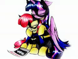 Size: 2922x2207 | Tagged: safe, artist:liaaqila, derpibooru import, apple bloom, twilight sparkle, twilight sparkle (alicorn), alicorn, earth pony, pony, barbara gordon, batgirl, clothes, costume, crying, dc comics, duo, duo female, eyebrows, eyebrows visible through hair, eyes closed, female, filly, foal, frown, high res, image, jpeg, mare, partially open wings, sad, simple background, sitting, tara strong, teeth, voice actor joke, white background, wings