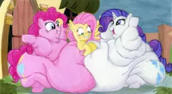 Size: 9600x5266 | Tagged: suggestive, artist:white-eyed vireo, derpibooru import, fluttershy, pinkie pie, rarity, earth pony, pegasus, pony, unicorn, series:super size it art contest 2022, putting your hoof down, belly, belly squish, big belly, bipedal, blushing, fat, female, happy, huge belly, image, impossibly large belly, jpeg, mare, morbidly obese, obese, open mouth, open smile, piggy pie, pudgy pie, raritubby, scene revamp, smiling, trio, trio female