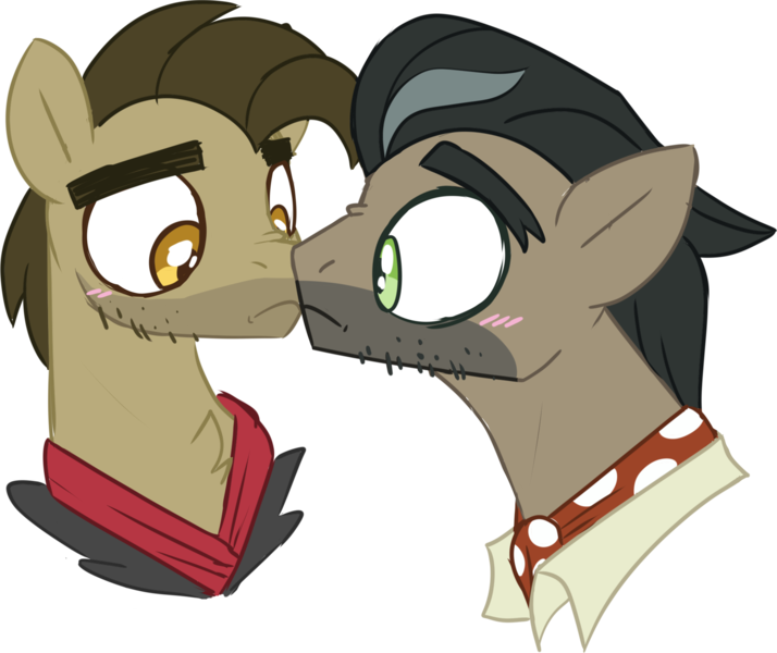 Size: 1889x1587 | Tagged: safe, artist:taaffeiite, derpibooru import, biff, doctor caballeron, pony, biffalleron, blushing, boop, bust, duo, duo male, gay, henchmen, image, looking at each other, looking at someone, male, missing accessory, nose to nose, noseboop, png, scene interpretation, shipping, simple background, stallion, transparent background