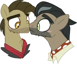 Size: 1889x1587 | Tagged: safe, artist:taaffeiite, derpibooru import, biff, doctor caballeron, pony, biffalleron, blushing, boop, bust, duo, duo male, gay, henchmen, image, looking at each other, looking at someone, male, missing accessory, nose to nose, noseboop, png, scene interpretation, shipping, simple background, stallion, transparent background