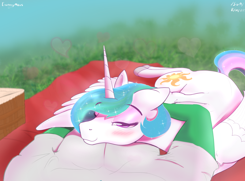 Size: 3000x2216 | Tagged: safe, artist:enonnnymous, derpibooru import, princess celestia, oc, oc:anon, alicorn, human, pony, /sun/, bags under eyes, basket, blanket, blushing, clothes, female, grass, heart, heart eyes, hug, human on pony snuggling, image, looking at you, love, male, mare, offscreen character, picnic, png, pov, romantic, shirt, sleepy, snuggling, wingding eyes, winghug, wings