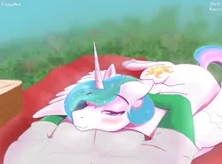 Size: 3000x2216 | Tagged: safe, artist:enonnnymous, derpibooru import, princess celestia, oc, oc:anon, alicorn, human, pony, /sun/, bags under eyes, basket, blanket, blushing, clothes, female, grass, heart, heart eyes, hug, human on pony snuggling, image, looking at you, love, male, mare, offscreen character, picnic, png, pov, romantic, shirt, sleepy, snuggling, wingding eyes, winghug, wings