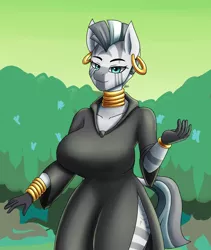 Size: 1600x1900 | Tagged: suggestive, artist:zachc, derpibooru import, zecora, anthro, zebra, bracelet, breasts, busty zecora, clothes, dress, ear piercing, earring, everfree forest, female, image, jewelry, looking at you, neck rings, piercing, png, solo