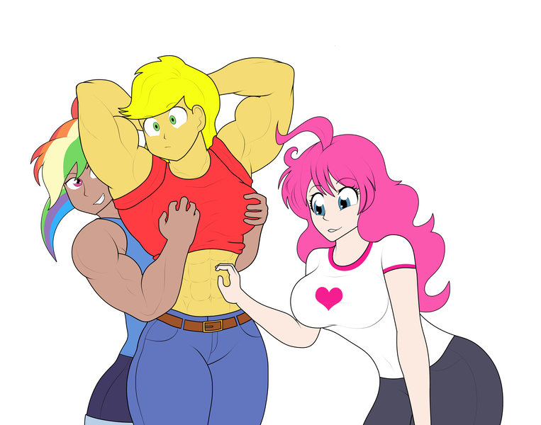 Size: 4215x3313 | Tagged: suggestive, artist:matchstickman, derpibooru import, applejack, pinkie pie, rainbow dash, human, abs, applejacked, blackwashing, breast fondling, breast grab, breasts, fetish, grope, humanized, image, muscle fetish, muscles, png, rainbuff dash