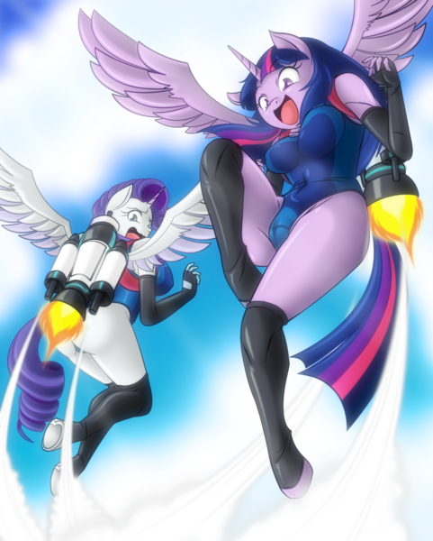 Size: 1500x1871 | Tagged: questionable, artist:boastudio, derpibooru import, rarity, twilight sparkle, twilight sparkle (alicorn), alicorn, anthro, unguligrade anthro, alicornified, breasts, busty rarity, busty twilight sparkle, butt, cameltoe, commission, image, jetpack, open mouth, open smile, png, race swap, raricorn, rearity, smiling