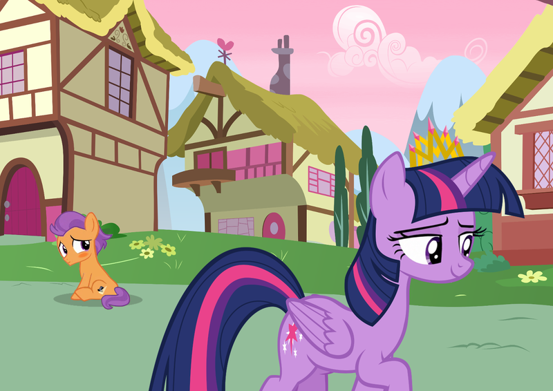 Size: 1388x982 | Tagged: safe, artist:lunaticdawn, derpibooru import, tender taps, twilight sparkle, twilight sparkle (alicorn), alicorn, pony, blushing, colt, crown, crushing, female, foal, image, jewelry, male, mare, png, ponyville, regalia, shipping, sitting, straight, twitaps, walking