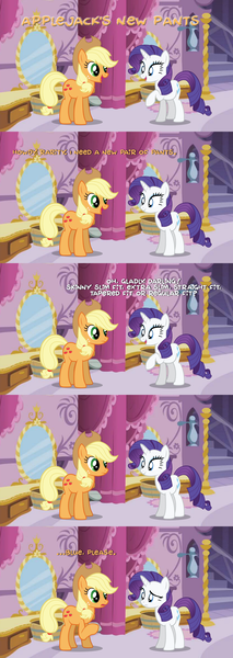 Size: 1920x5400 | Tagged: safe, artist:wissle, derpibooru import, applejack, rarity, earth pony, pony, unicorn, absurd resolution, bucket, caption, carousel boutique, comic, curtains, fashion, female, full comic, image, mare, mirror, png, show accurate, sound at source, stairs, text, vector, youtube link