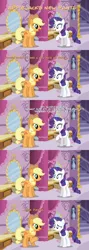 Size: 1920x5400 | Tagged: safe, artist:wissle, derpibooru import, applejack, rarity, earth pony, pony, unicorn, absurd resolution, bucket, caption, carousel boutique, comic, curtains, fashion, female, full comic, image, mare, mirror, png, show accurate, sound at source, stairs, text, vector, youtube link