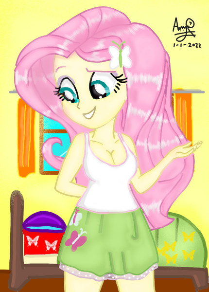 Size: 516x720 | Tagged: suggestive, artist:more by mazakbar567, fluttershy, equestria girls, equestria girls series, bed, bedroom, big breasts, bikini, bow, breasts, clothes, hair bow, huge breasts, image, png, sexy, solo, swimsuit