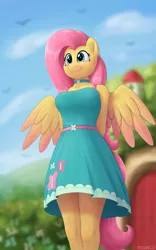 Size: 2500x4000 | Tagged: safe, artist:irisarco, derpibooru import, fluttershy, anthro, bird, arm behind head, blurry background, breasts, choker, clothes, cloud, colored wings, day, dress, ear fluff, ear piercing, female, flower, fluttershy's cottage, image, outdoors, piercing, png, sky, smiling, spread wings, standing, tail, watermark, wings