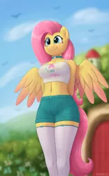 Size: 2500x4000 | Tagged: suggestive, artist:irisarco, derpibooru import, fluttershy, anthro, bird, arm behind head, belly button, belly piercing, blurry background, breasts, choker, clothes, cloud, colored wings, day, ear fluff, ear piercing, female, flower, fluttershy's cottage, image, midriff, outdoors, piercing, png, shorts, sky, smiling, socks, spread wings, standing, stockings, tail, tanktop, thigh highs, watermark, wings