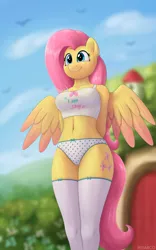 Size: 2500x4000 | Tagged: suggestive, alternate version, artist:irisarco, derpibooru import, fluttershy, anthro, bird, arm behind head, belly button, blurry background, breasts, clothes, cloud, colored wings, day, ear fluff, ear piercing, female, flower, fluttershy's cottage, image, midriff, outdoors, panties, piercing, png, sky, smiling, socks, spread wings, standing, stockings, tail, tanktop, thigh highs, underwear, watermark, wings