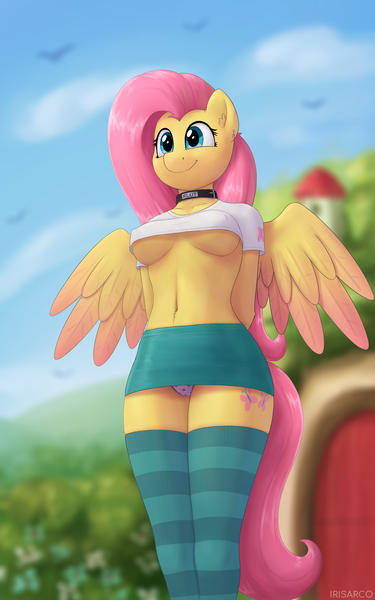 Size: 2500x4000 | Tagged: suggestive, alternate version, artist:irisarco, derpibooru import, fluttershy, anthro, bird, arm behind head, belly button, blurry background, breasts, clothes, cloud, collar, colored wings, day, ear fluff, ear piercing, female, flower, fluttershy's cottage, image, midriff, miniskirt, outdoors, panties, piercing, png, short shirt, skirt, sky, slut, smiling, socks, spread wings, standing, striped socks, tail, thigh highs, underboob, underwear, upskirt, watermark, wings