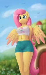 Size: 2500x4000 | Tagged: suggestive, alternate version, artist:irisarco, derpibooru import, fluttershy, anthro, bird, arm behind head, belly button, blurry background, breasts, clothes, cloud, colored wings, crotch bulge, day, ear fluff, flower, fluttershy's cottage, futa, futa fluttershy, image, intersex, midriff, outdoors, png, shorts, sky, smiling, solo, solo futa, spread wings, standing, tail, tanktop, watermark, wings
