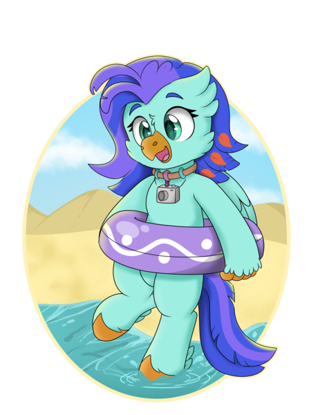 Size: 3024x4032 | Tagged: safe, artist:rokosmith26, derpibooru import, oc, oc:sea lilly, unofficial characters only, classical hippogriff, hippogriff, pony, beach, beak, bipedal, camera, commission, cute, female, floaty, happy, hippogriff oc, holding, image, inner tube, jewelry, mare, necklace, open mouth, png, sand, simple background, solo, spread wings, standing, unshorn fetlocks, water, wings, your character here