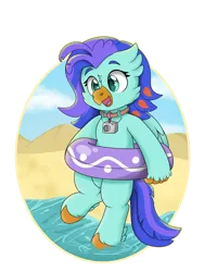 Size: 3024x4032 | Tagged: safe, artist:rokosmith26, derpibooru import, oc, oc:sea lilly, unofficial characters only, classical hippogriff, hippogriff, pony, beach, beak, bipedal, camera, commission, cute, female, floaty, happy, hippogriff oc, holding, image, inner tube, jewelry, mare, necklace, open mouth, png, sand, simple background, solo, spread wings, standing, unshorn fetlocks, water, wings, your character here