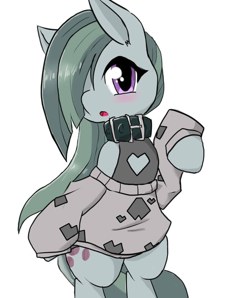 Size: 1195x1409 | Tagged: safe, artist:a.s.e, artist:nekoalex91, derpibooru import, marble pie, earth pony, pony, semi-anthro, :o, bipedal, blushing, clothes, collar, female, hair over one eye, heart, image, jpeg, looking at you, mare, open mouth, simple background, solo, sweater, white background