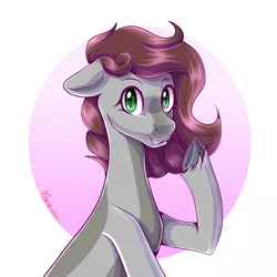 Size: 1024x1024 | Tagged: safe, artist:maeveadair, derpibooru import, oc, oc:cj vampire, unofficial characters only, earth pony, pony, gradient background, image, looking at you, png, smiling, solo