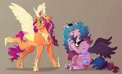 Size: 1280x775 | Tagged: safe, artist:notsosmartsmarty, derpibooru import, izzy moonbow, princess celestia, princess luna, sunny starscout, alicorn, pony, unicorn, my little pony: a new generation, spoiler:g5, artificial alicorn, artificial horn, artificial wings, augmented, clothes, cosplay, costume, crown, duo, fake wings, female, full body, g5, giggling, grin, hoof shoes, horn, image, jewelry, jpeg, magic, magic horn, magic wings, mare, multicolored hair, open mouth, open smile, peytral, race swap, rainbow hair, raised hoof, regalia, simple background, smiling, sunnycorn, wings