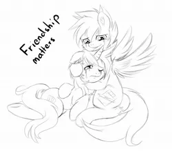 Size: 1200x1050 | Tagged: safe, artist:knifeh, derpibooru import, oc, oc:dbpony, oc:nife, unofficial characters only, pegasus, pony, unicorn, crying, hug, image, jpeg, monochrome, sketch