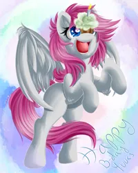 Size: 1120x1400 | Tagged: safe, artist:knifeh, derpibooru import, oc, oc:yuu, unofficial characters only, pegasus, pony, balancing, birthday, cupcake, female, food, image, jpeg, open mouth, open smile, pegasus oc, ponies balancing stuff on their nose, rearing, smiling, solo, wings