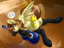 Size: 1360x1020 | Tagged: suggestive, artist:knifeh, derpibooru import, oc, oc:prince whateverer, unofficial characters only, pegasus, pony, butt, clothes, crown, guitar, image, jewelry, jpeg, lying down, male, musical instrument, musician, plot, prone, regalia, socks, solo, speech bubble, stallion, stockings, thigh highs