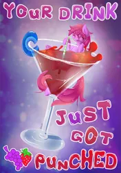 Size: 704x1000 | Tagged: safe, artist:knifeh, derpibooru import, berry punch, berryshine, earth pony, pony, alcohol, cup, cup of pony, drunk, female, glass, image, mare, margarita, micro, png, poster, solo, straw