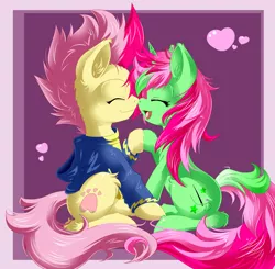 Size: 2100x2058 | Tagged: safe, artist:knifeh, derpibooru import, oc, oc:pinku, unofficial characters only, pony, unicorn, clothes, eyes closed, female, floating heart, heart, high res, hoodie, hoofbump, image, jpeg, male, oc x oc, shipping, sitting, straight
