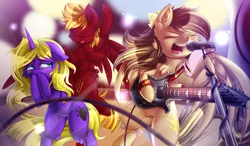 Size: 1800x1049 | Tagged: safe, artist:knifeh, derpibooru import, oc, oc:prince whateverer, unofficial characters only, pegasus, pony, unicorn, bipedal, dancing, electric guitar, embarrassed, eyes closed, female, guitar, image, male, mare, microphone, musical instrument, png, singing, stallion, trio, wallpaper