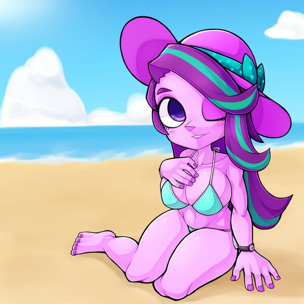 Size: 4096x4096 | Tagged: suggestive, artist:kyouman1010, derpibooru import, starlight glimmer, equestria girls, beach, belly button, big breasts, bikini, breasts, busty starlight glimmer, clothes, female, hat, image, jpeg, looking at you, one eye closed, sitting, solo, solo female, swimsuit, wink, winking at you