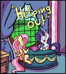 Size: 2400x2700 | Tagged: safe, artist:mc_arts, derpibooru import, fluttershy, rarity, pegasus, pony, unicorn, comic:helping out, comic, image, png, sitting, stool, table, talking, title page