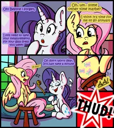 Size: 2400x2700 | Tagged: safe, artist:mc_arts, derpibooru import, fluttershy, rarity, pegasus, pony, unicorn, comic:helping out, blushing, dialogue, falling, image, measuring tape, onomatopoeia, png, sitting, stool, table, talking