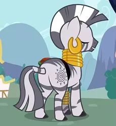 Size: 525x574 | Tagged: safe, derpibooru import, screencap, zecora, zebra, the cutie pox, butt, cropped, eyes closed, image, plot, png, solo