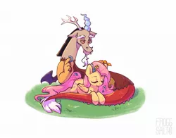 Size: 2048x1609 | Tagged: safe, artist:froggsalt, derpibooru import, discord, fluttershy, draconequus, pegasus, pony, antlers, discoshy, eyebrows, eyes closed, female, flower, flower in hair, grass, horn, image, jpeg, lying down, male, mare, peaceful, prone, shipping, side, simple background, smiling, straight, white background, wings