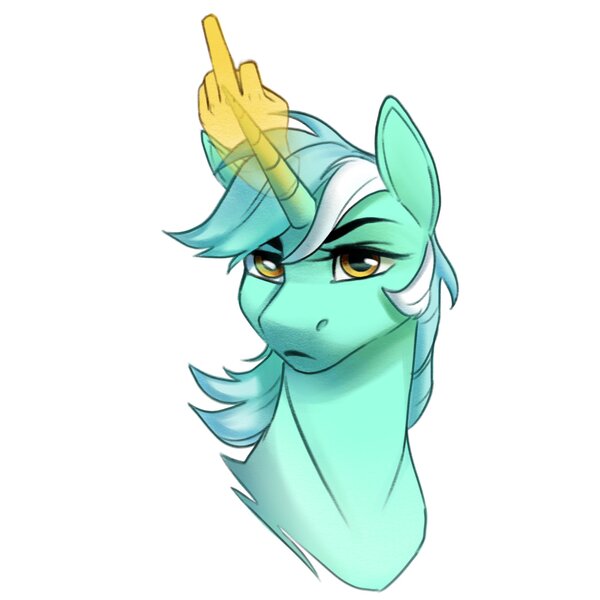 Size: 2000x2000 | Tagged: safe, artist:silentwulv, derpibooru import, lyra heartstrings, pony, unicorn, bust, female, glow, glowing horn, hand, horn, image, jpeg, lyra is not amused, mare, middle finger, solo, unamused, vulgar