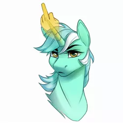 Size: 2000x2000 | Tagged: safe, artist:silentwulv, derpibooru import, lyra heartstrings, pony, unicorn, bust, female, glow, glowing horn, hand, horn, image, jpeg, lyra is not amused, mare, middle finger, solo, unamused, vulgar