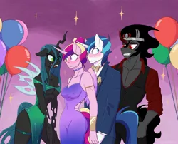 Size: 2048x1653 | Tagged: suggestive, artist:shallowwin, derpibooru import, king sombra, princess cadance, queen chrysalis, shining armor, alicorn, anthro, changeling, unicorn, arm band, balloon, bisexual, blushing, bowtie, bracelet, breasts, cadalis, choker, clothes, erect nipples, female, garter, gay, image, infidelity, jewelry, jpeg, lesbian, male, midriff, nipple outline, open clothes, open shirt, shiningcadance, shiningsombra, shipping, straight, wavy mouth, wide eyes