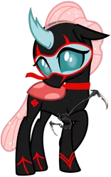 Size: 2000x3200 | Tagged: safe, artist:ponygamer2020, derpibooru import, ocellus, changedling, changeling, school daze, clothes, crossed legs, crossover, cute, cuteling, diaocelles, female, happy, horn, image, kusarigama, looking at you, ninja, png, randy cunningham: 9th grade ninja, scarf, shy, simple background, smiling, solo, suit, transparent background, vector, weapon