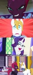 Size: 1280x2880 | Tagged: safe, derpibooru import, edit, screencap, prince blueblood, rarity, tempest shadow, pony, unicorn, accidental shipping, caption, comic, confused, female, gala, image, male, mare, oh crap, party, png, raised eyebrow, shipper on deck, smiling, smug, stallion, text, unexpected, youtube link in the description