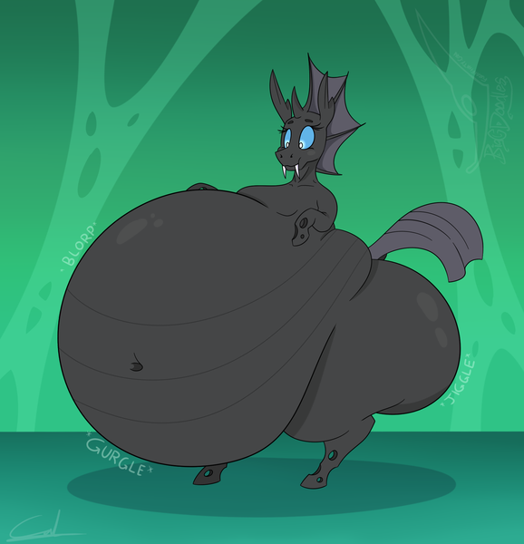 Size: 1880x1950 | Tagged: suggestive, artist:bigcdoodles, derpibooru import, oc, oc:juno, unofficial characters only, changeling, belly, belly noises, big belly, bloated, butt, chubby, chunkling, fangs, fat, female, huge belly, huge butt, image, impossibly large belly, impossibly large butt, jiggle, large butt, png, smiling, squishy, stomach noise, stuffed, the ass was fat, wide hips