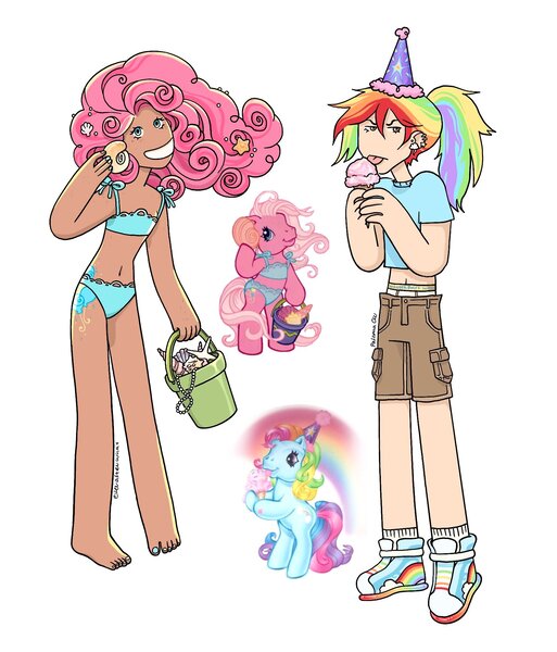 Size: 1648x1927 | Tagged: safe, artist:everafterwhat, derpibooru import, pinkie pie, pinkie pie (g3), rainbow dash, rainbow dash (g3), earth pony, human, pegasus, pony, alternate hairstyle, barefoot, belly button, bikini, bikini bottom, bikini top, bucket, clothes, duo, ear piercing, earring, feet, female, food, grin, hat, humanized, ice cream, ice cream cone, image, jewelry, jpeg, mare, midriff, nail polish, party hat, piercing, sand, seashell, shirt, shoes, shorts, simple background, smiling, sneakers, socks, swimsuit, t-shirt, toenail polish, tongue out, underwear, white background