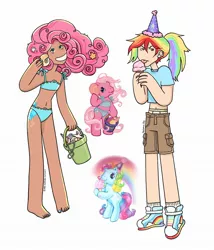 Size: 1648x1927 | Tagged: safe, artist:everafterwhat, derpibooru import, pinkie pie, pinkie pie (g3), rainbow dash, rainbow dash (g3), earth pony, human, pegasus, pony, alternate hairstyle, barefoot, belly button, bikini, bikini bottom, bikini top, bucket, clothes, duo, ear piercing, earring, feet, female, food, grin, hat, humanized, ice cream, ice cream cone, image, jewelry, jpeg, mare, midriff, nail polish, party hat, piercing, sand, seashell, shirt, shoes, shorts, simple background, smiling, sneakers, socks, swimsuit, t-shirt, toenail polish, tongue out, underwear, white background