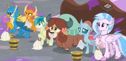 Size: 1600x779 | Tagged: safe, derpibooru import, screencap, gallus, ocellus, sandbar, silverstream, smolder, yona, changedling, changeling, classical hippogriff, dragon, earth pony, gryphon, hippogriff, pony, yak, the hearth's warming club, boomerang (tv channel), bucket, cropped, image, mop, png, student six, wipe