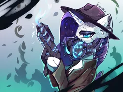 Size: 2000x1500 | Tagged: safe, artist:freak-side, derpibooru import, rarity, pony, unicorn, abstract background, augmented, clothes, coat, cyberpunk, female, gun, hat, hoof hold, horn, image, looking at you, mare, mask, png, solo, weapon