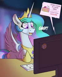 Size: 2000x2500 | Tagged: safe, artist:cocaine, derpibooru import, princess celestia, alicorn, pony, cake, cakelestia, computer, eye clipping through hair, eyebrows, eyebrows visible through hair, female, food, gasp, high res, image, implied virus, internet, jewelry, mare, open mouth, png, regalia, solo, spread wings, stare, that pony sure does love cakes, wings
