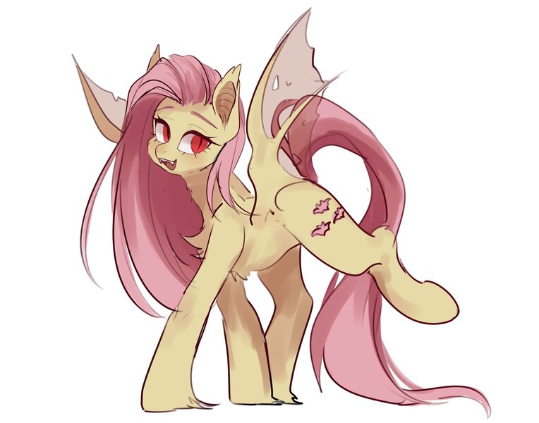 Size: 2048x1609 | Tagged: safe, artist:anzhi64098003, derpibooru import, fluttershy, bat pony, pony, bat ponified, chest fluff, fangs, female, flutterbat, image, jpeg, race swap, raised hoof, red eyes, simple background, slit pupils, smiling, solo, unshorn fetlocks, white background