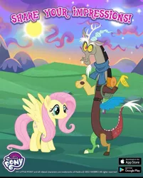 Size: 827x1027 | Tagged: safe, artist:mlp_fim9, derpibooru import, discord, fluttershy, draconequus, pegasus, to where and back again, bookbag, clothes, duo, google, image, jpeg, my little pony logo, play store, scarf, sun